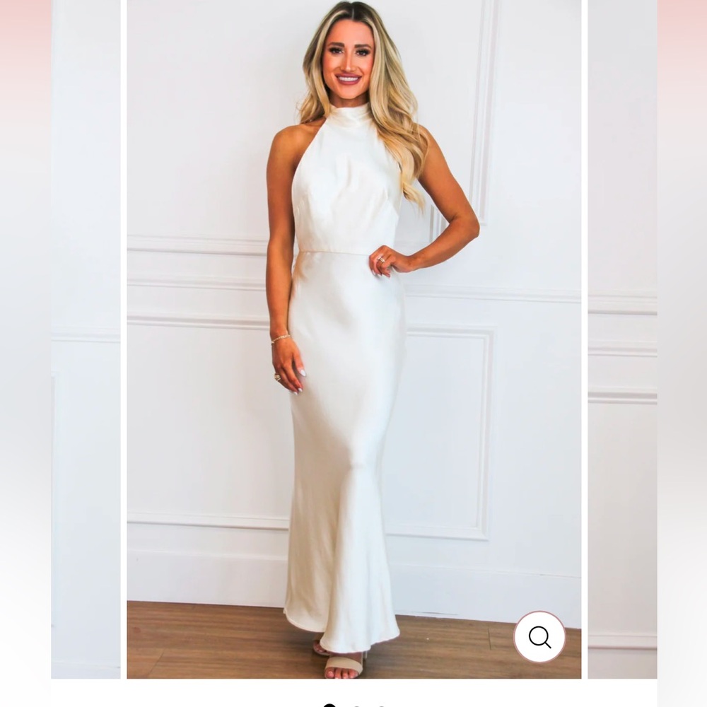 NWT Bella and Bloom: TAKE MY BREATH AWAY SATIN PEARL OPEN BACK MAXI DRESS